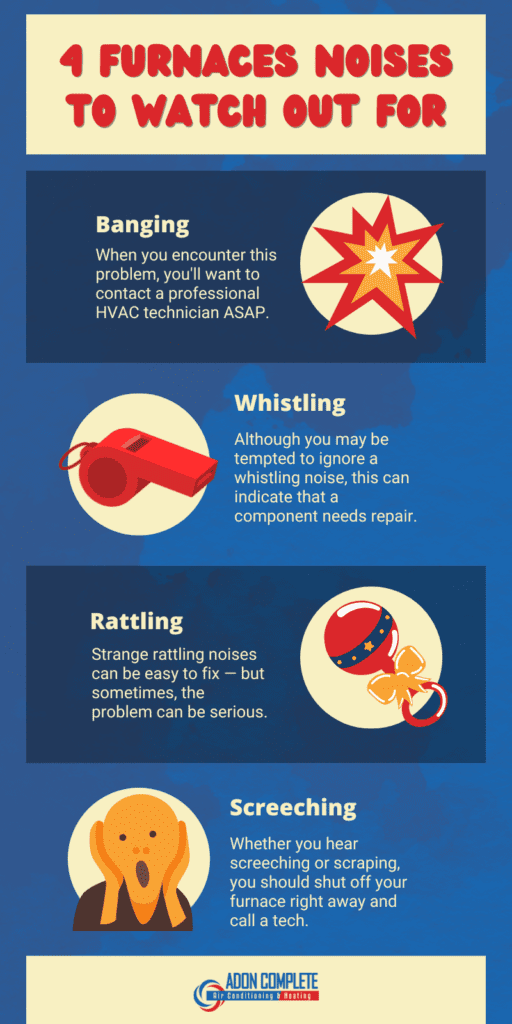 4 fURNACES nOISES TO WATCH OUT FOR
Banging
Whistling
Rattling
Screeching
When you encounter this problem, you'll want to contact a professional HVAC technician ASAP.
Although you may be tempted to ignore a whistling noise, this can indicate that a component needs repair.
Strange rattling noises can be easy to fix — but sometimes, the problem can be serious.
Whether you hear screeching or scraping, you should shut off your furnace right away and call a tech.